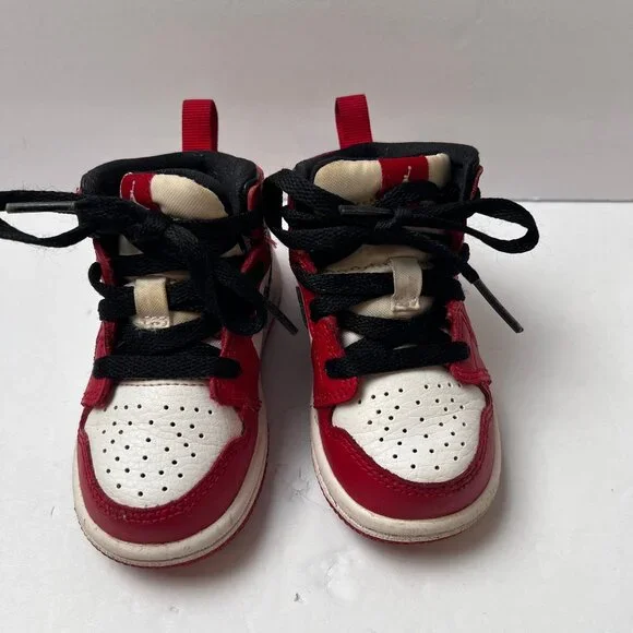 Kids Jordan 1 Red White with Black Swoosh Shoes Size 5C Black Laces - Picture 7 of 12